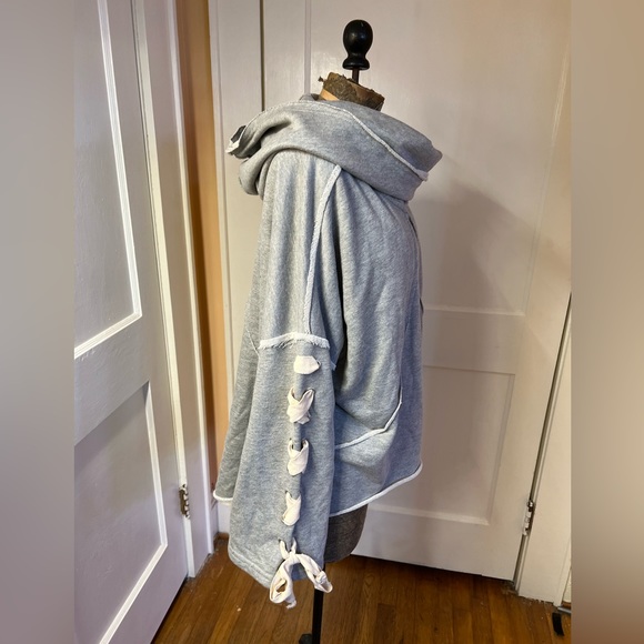 Vici Boutique Grey Oversized Drop Shoulder Hoodie Sweater with Lace Up Accent - Picture 3 of 5